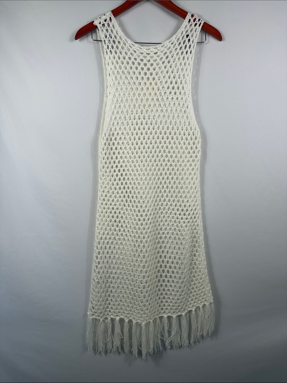 Miken Swim Cream Open Crochet Fringe Tank Midi Dress Coverup. Womens Size XL - Picture 4 of 5